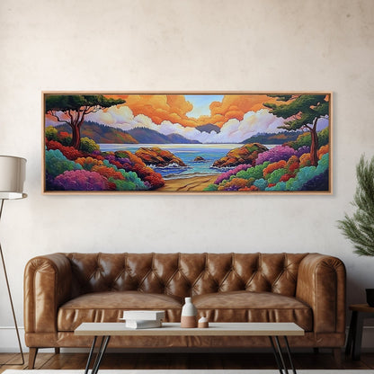 Vibrant Coastal View, Ocean Sunset Landscape, Floral Beach Scene, Framed Canvas Print, Colorful Wall Art, Tropical Living Room