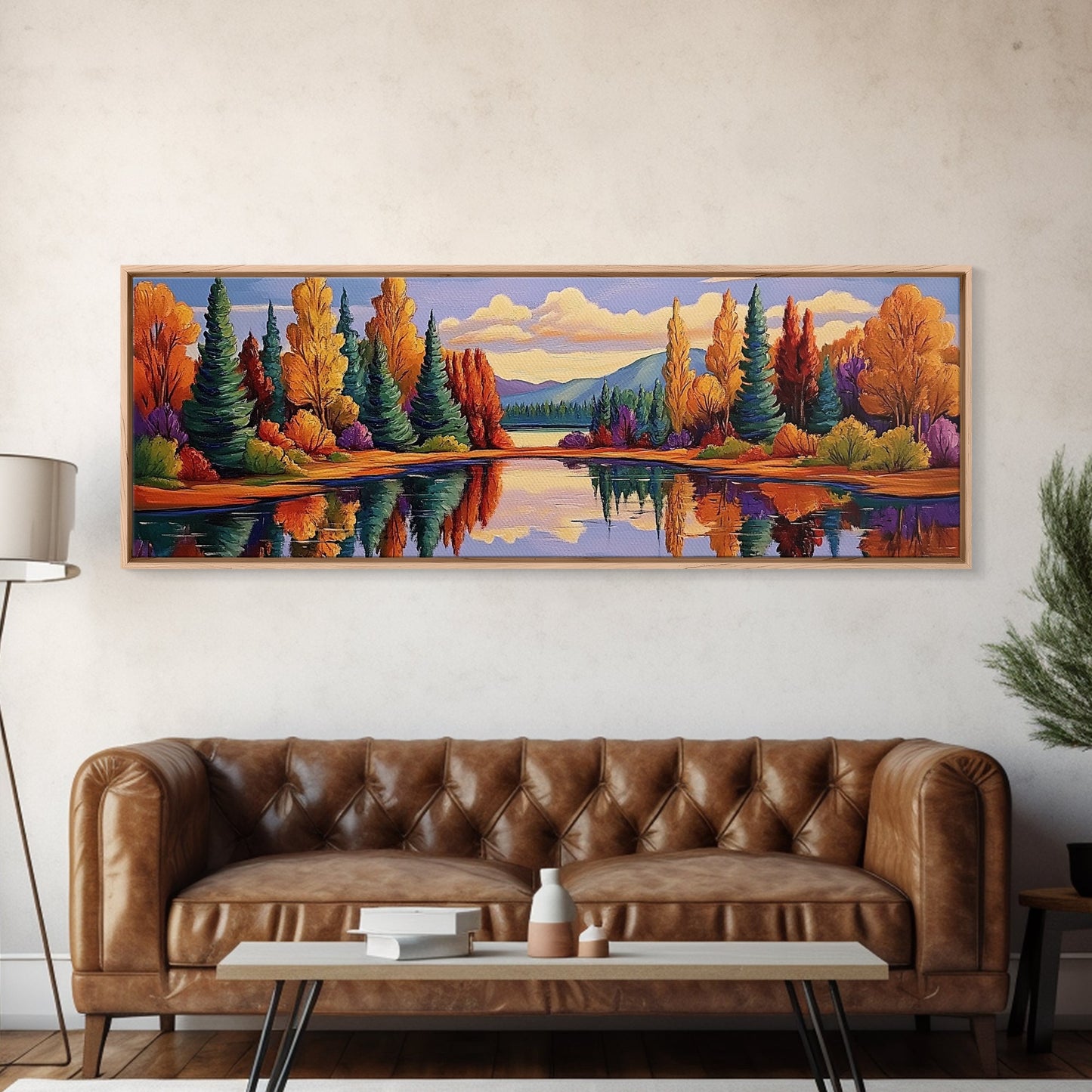 Autumn Reflections Painting, Lakeside Forest Landscape, Fall Color Trees, Framed Canvas Print, Cabin Wall Art, Cozy Living Room