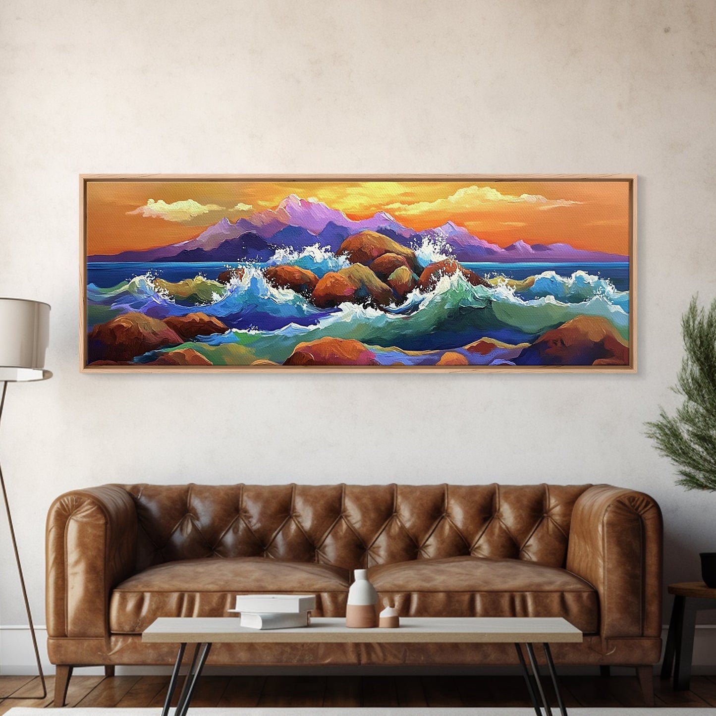 Coastal Rocks Waves, Sunset Ocean Painting, Colorful Seaside View, Framed Canvas Print, Nautical Wall Art, Living Room Decor