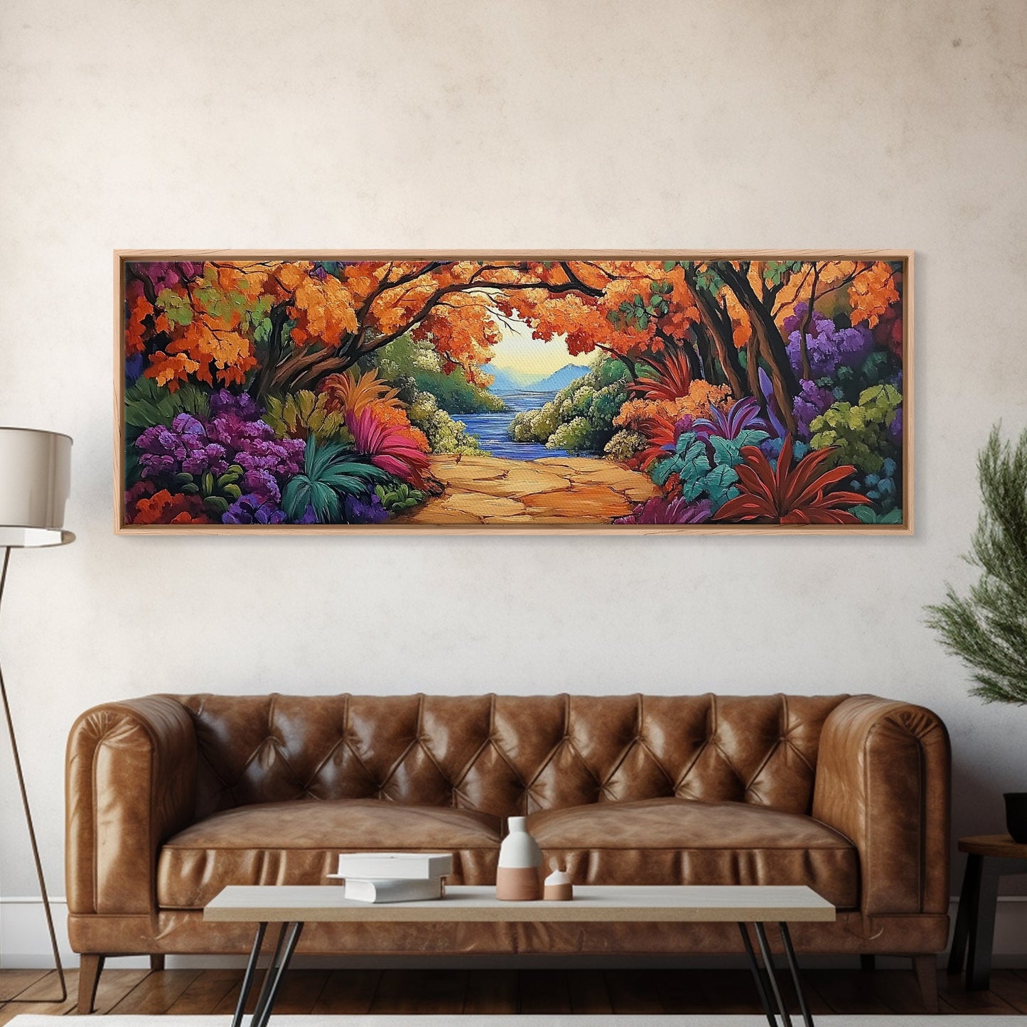 Autumn Archway, Colorful Path, Forest Lake, Vibrant Trees, Framed Canvas Print, Entryway Wall Art, Fall Nature Scene, Boho Art