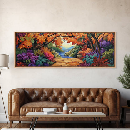 Autumn Archway, Colorful Path, Forest Lake, Vibrant Trees, Framed Canvas Print, Entryway Wall Art, Fall Nature Scene, Boho Art