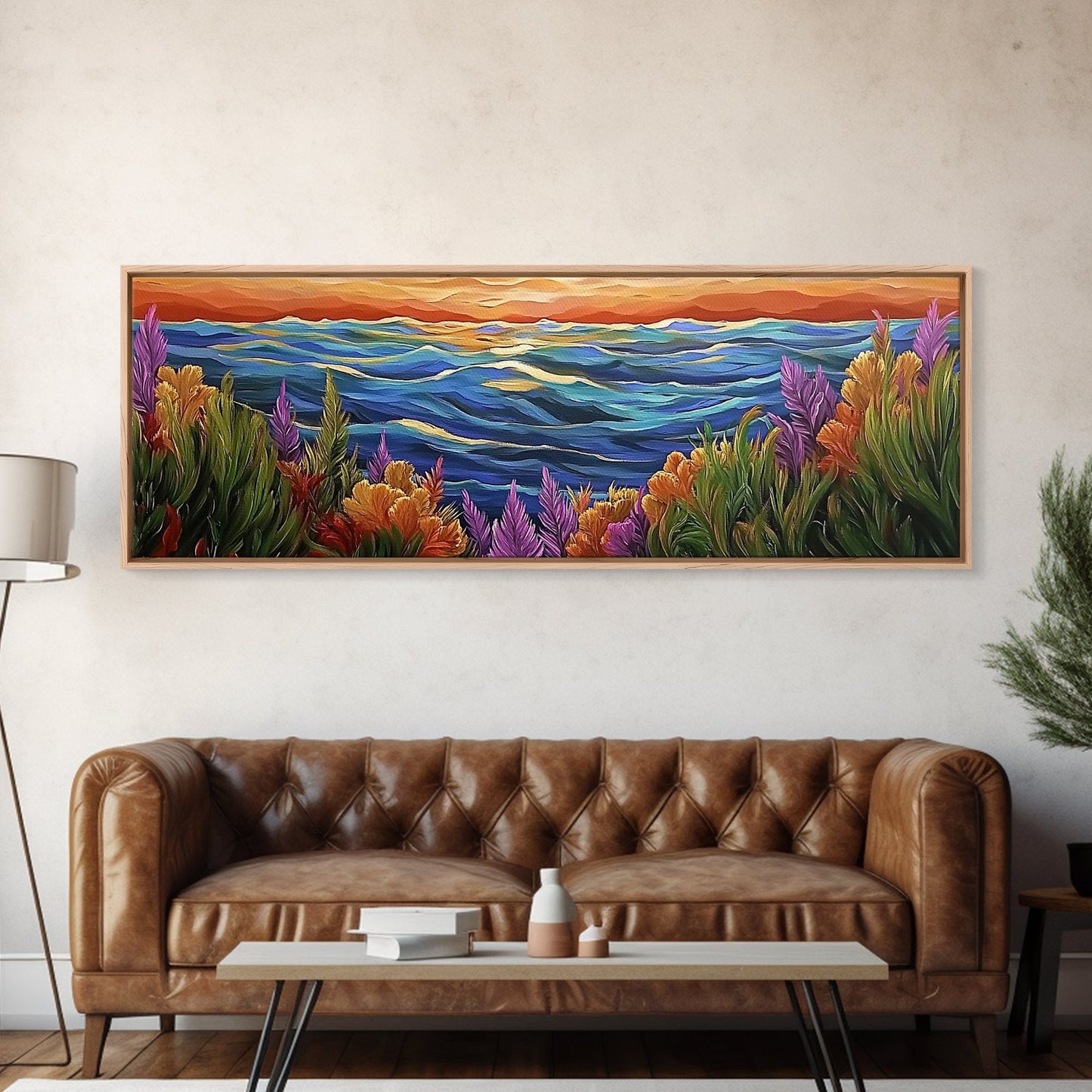 Ocean Horizon, Sunset Sea, Flower Garden, Nature Escape, Canvas Print, Beach House Decor, Tropical Seascape Wall Art