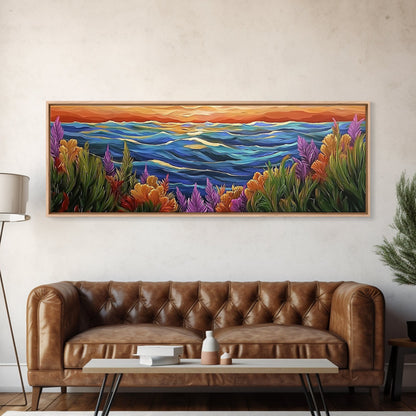 Ocean Horizon, Sunset Sea, Flower Garden, Nature Escape, Canvas Print, Beach House Decor, Tropical Seascape Wall Art