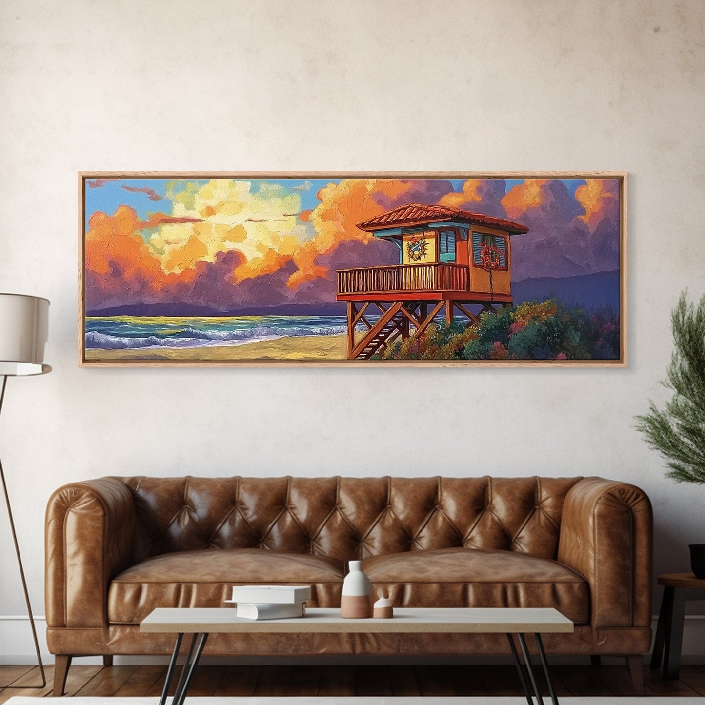 Lifeguard Tower Glow, Beach Sunset Scene, Holiday Decor, Framed Canvas Print, coastal art, tropical beach home, fall season decor