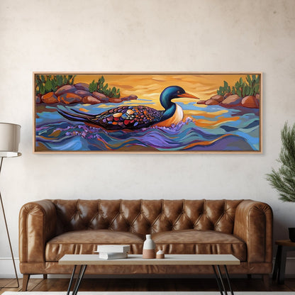 Loon Painting, Tranquil Waters, Sunset Paddle, Colorful Feathers, Framed Canvas Print, lake house art, wildlife nature decor