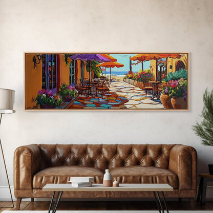 Coastal Café, Ocean View, Umbrella Patio, Bright Florals, Framed Canvas Print, Kitchen Wall Art, Mediterranean Style, Garden Dining Art