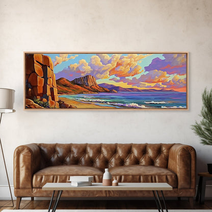 Sunset Beach View, Coastal Mountain Landscape, Peaceful Ocean Wall Art, Framed Canvas Print, Boho Bedroom or Living Room Decor
