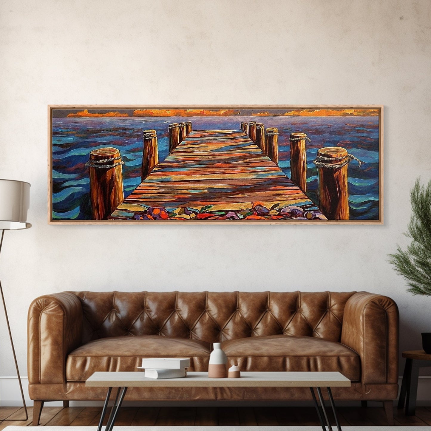 Wooden Dock Sunset, Ocean Pier Painting, Tranquil Seascape Decor, Nautical Beach House Style, Framed Canvas Print