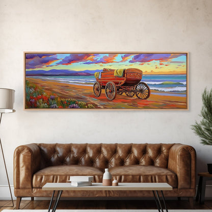 Wagon Beach, Country Ocean, Sunset Retreat, Rustic Cart, Framed Canvas Print, Farmhouse Coastal Art, Entryway Western Decor