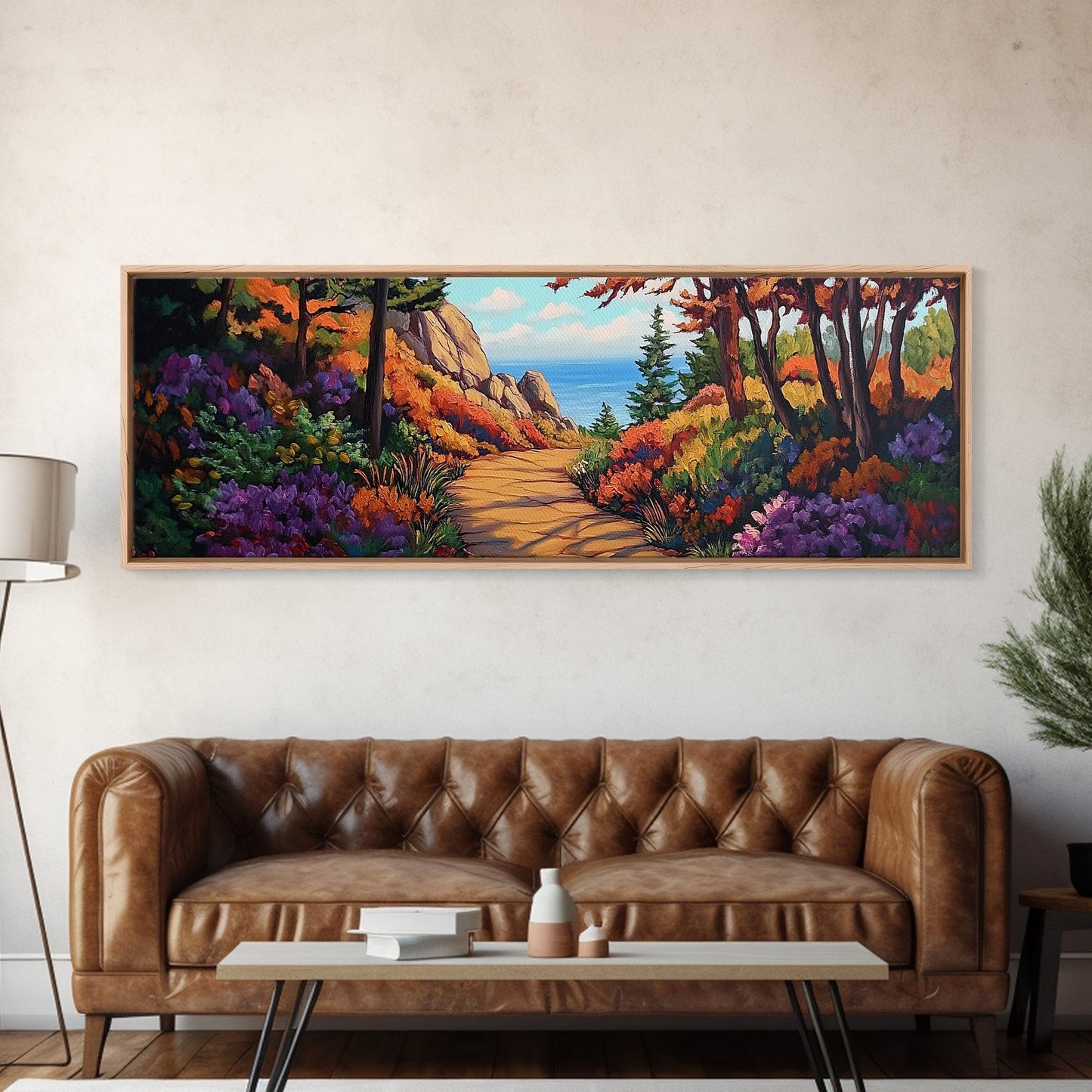 Coastal Forest Walk, Vibrant Landscape Painting, Ocean View Trail, Autumn Decor, Framed Canvas Print, Hallway Wall Art