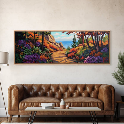 Coastal Forest Walk, Vibrant Landscape Painting, Ocean View Trail, Autumn Decor, Framed Canvas Print, Hallway Wall Art