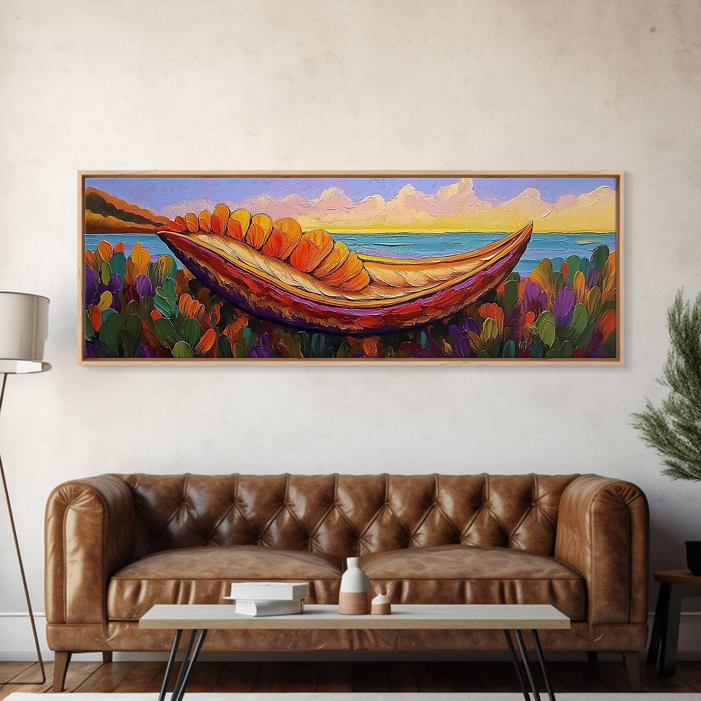 Vibrant Canoe Shell, Coastal Fantasy Art, Ocean Dreamscape, Framed Canvas Print, Tropical Wall Decor, Beach House Accent Piece