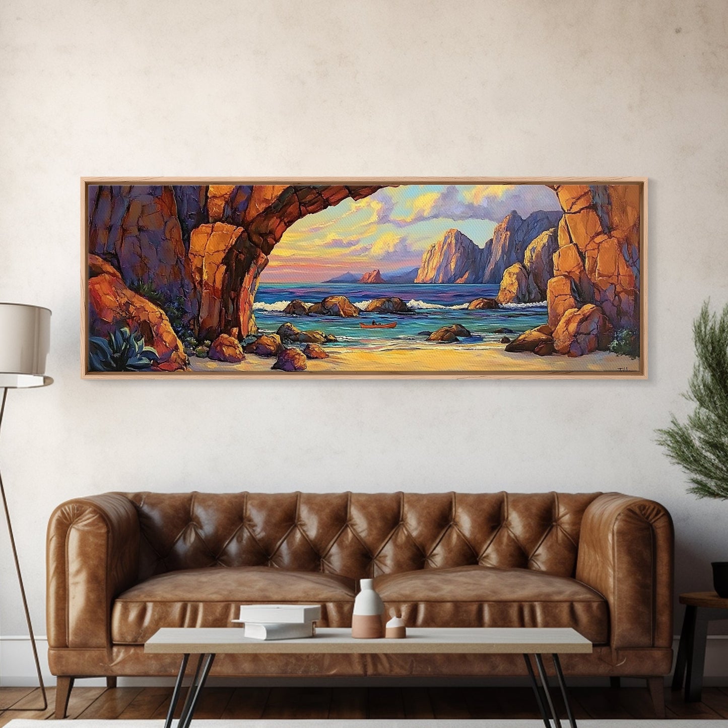 Coastal Archway View, Rocky Beach Sunset, Ocean Serenity, Framed Canvas Print, Nautical Living Room Art, Seaside Escape Scene