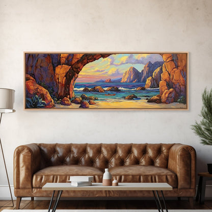 Coastal Archway View, Rocky Beach Sunset, Ocean Serenity, Framed Canvas Print, Nautical Living Room Art, Seaside Escape Scene