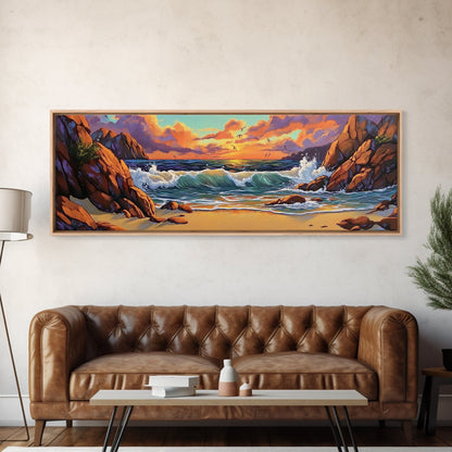 Sunset Beach Waves, Dramatic Ocean, Bold Skies, Framed Canvas Print, Entryway Wall Art, Nature Escape, Colorful Beach Scene