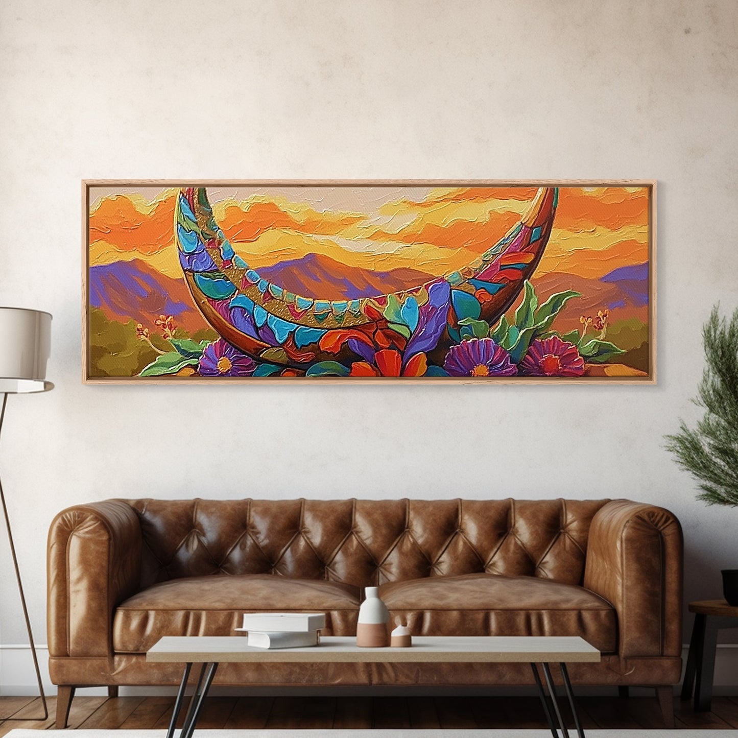 Crescent Moon, Floral Sunset, Western Vibes, Framed Canvas Print, Desert Boho Wall Art, Living Room Decor, Whimsical Southwestern Art