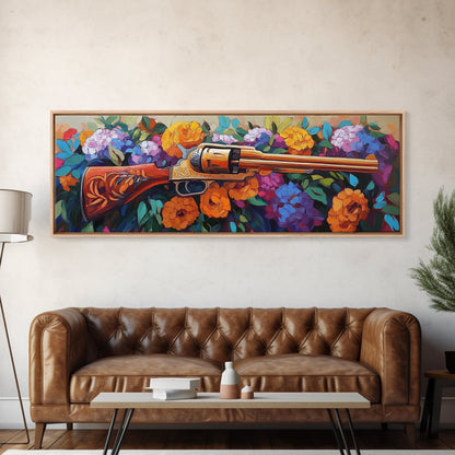 Golden Revolver Art, Floral Gun Painting, Western Floral Wall, Cowboy Chic Style, Framed Canvas Print, Man Cave Southwestern Decor