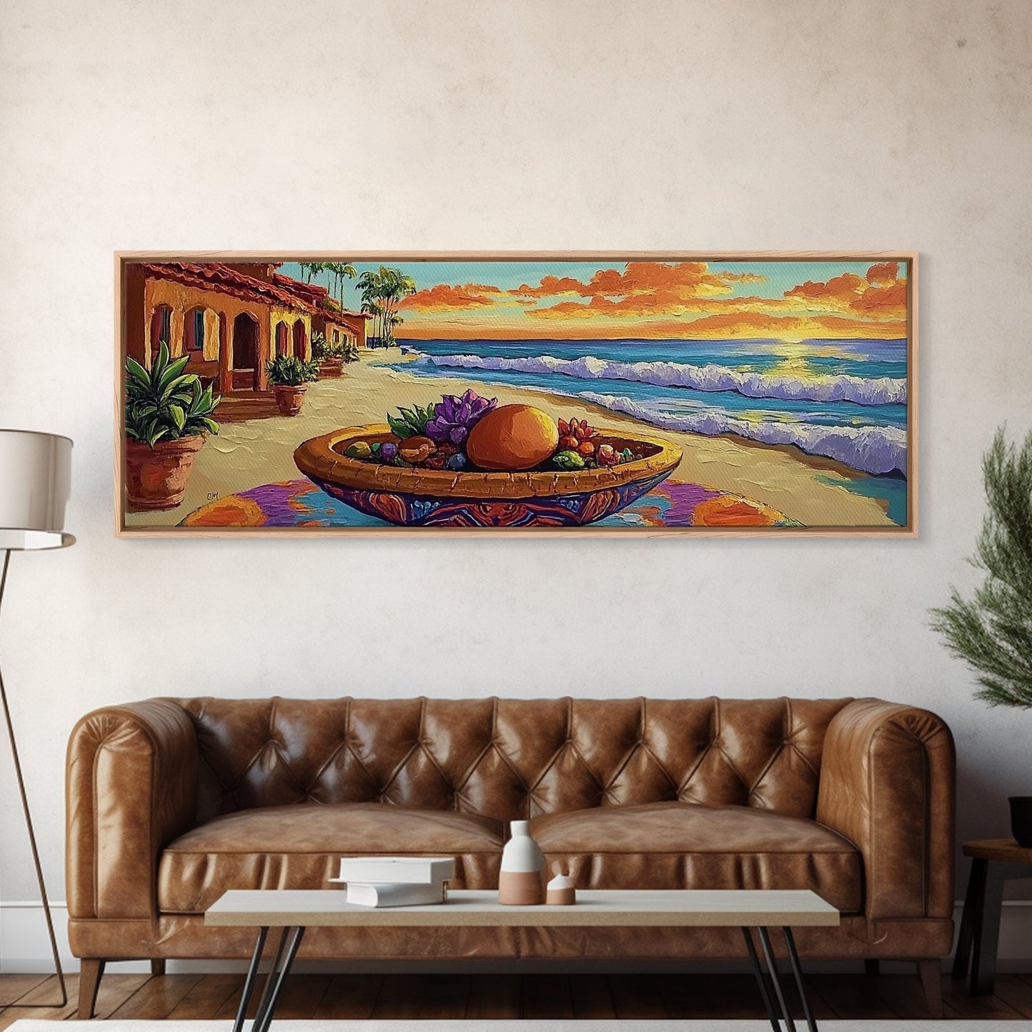 Sunset Beach, Ocean Fruit Bowl, Coastal Vibes, Framed Canvas Print, Tropical Kitchen Wall Art, Colorful Seaside Home Decor