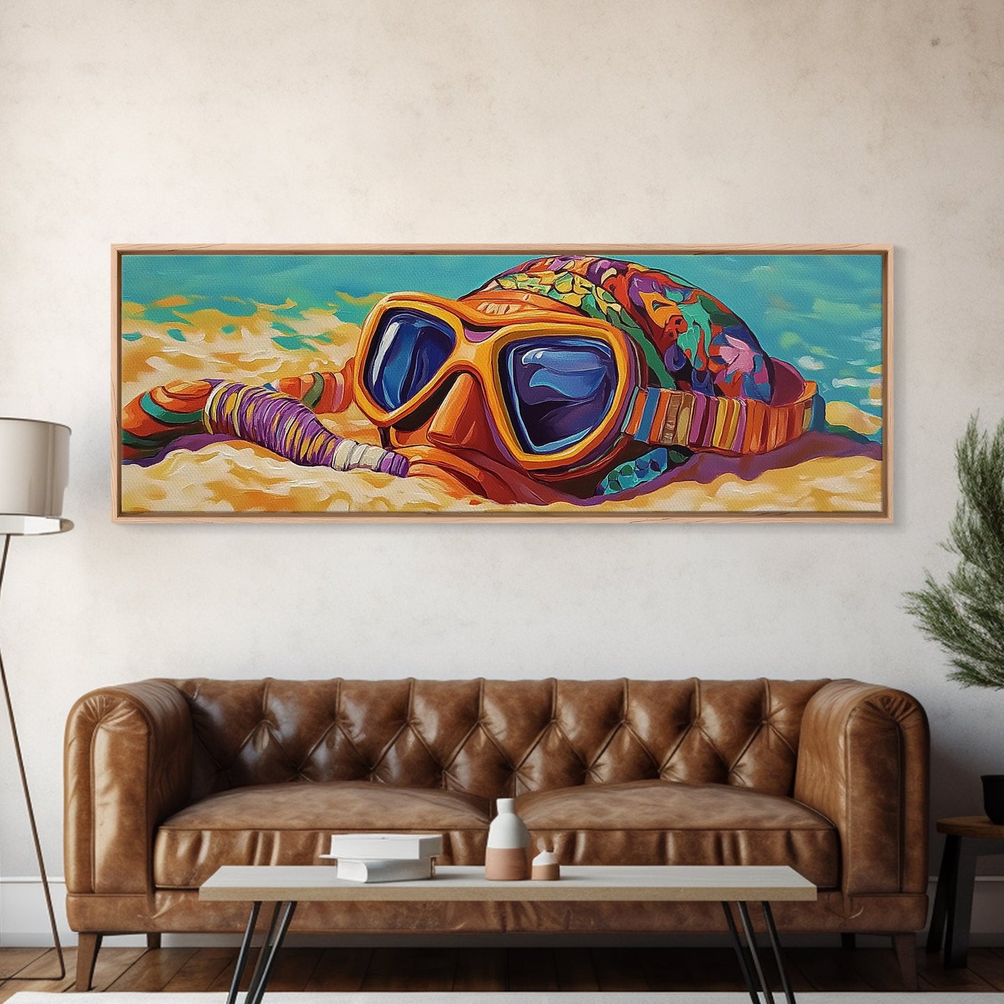 Snorkel Mask, Beach Fun, Vibrant Waves, Framed Canvas Print, Coastal Bathroom Wall Art, Bright Tropical Decor, Playful Ocean Art