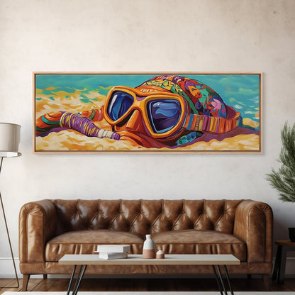 Snorkel Mask, Beach Fun, Vibrant Waves, Framed Canvas Print, Coastal Bathroom Wall Art, Bright Tropical Decor, Playful Ocean Art