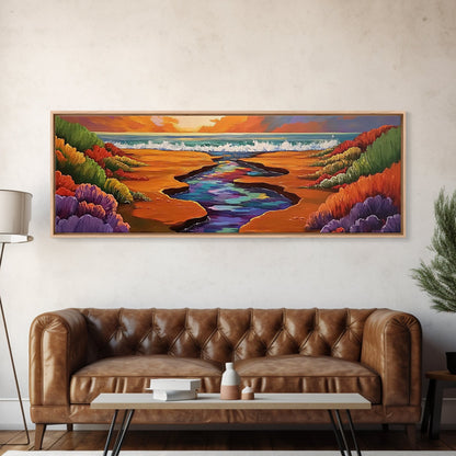 Sunset Stream, Coastal Canyon, Colorful Shoreline, Boho Nature Scene, Framed Canvas Print, Hallway Wall Art, Autumn Inspired Landscape