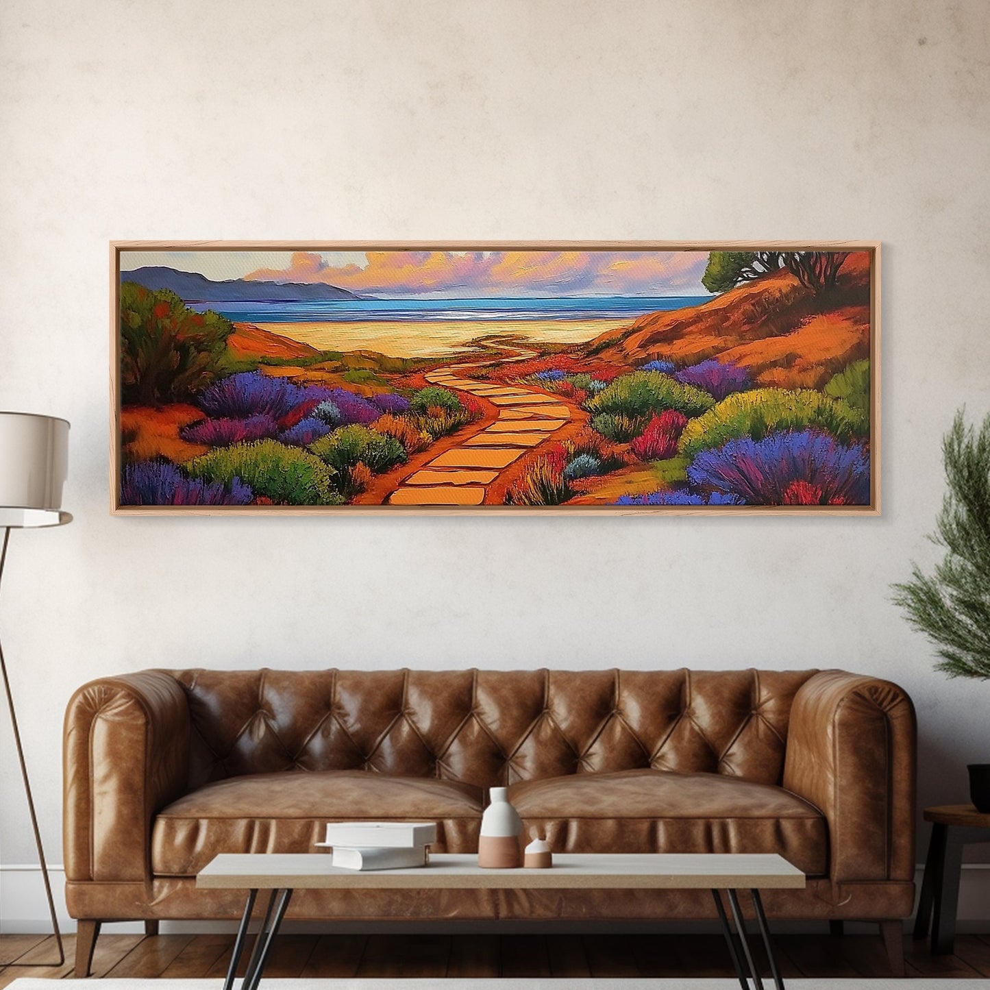 Ocean Pathway, Coastal Garden, Beach Vibes, Framed Canvas Print, Tropical Wall Art, Seaside Landscape, Boho Living Room Decor