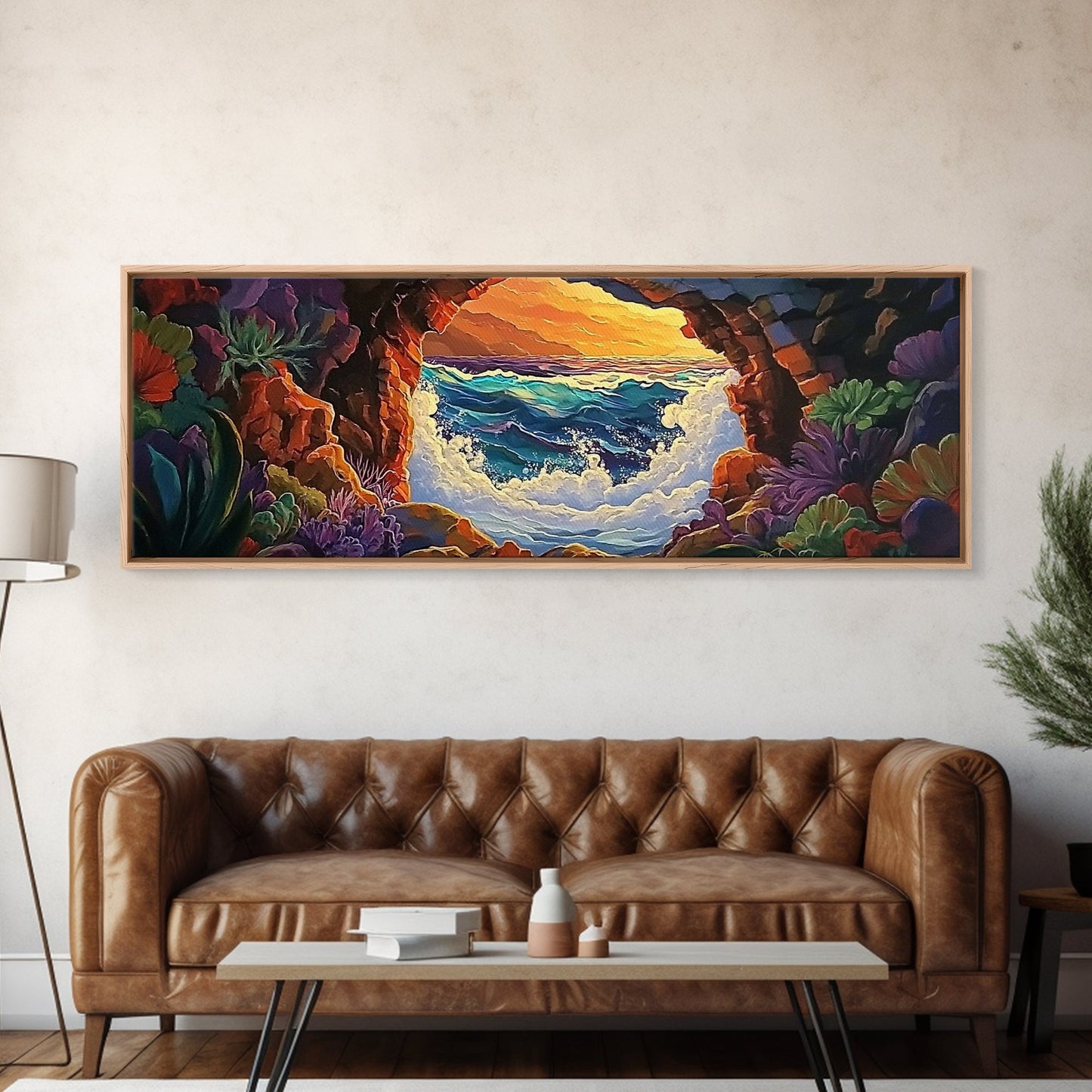 Ocean Cave View, Sunset Waves, Coastal Decor, Tropical Art, Framed Canvas Print, Beach House Wall Art, Vibrant Seascape, Boho Style