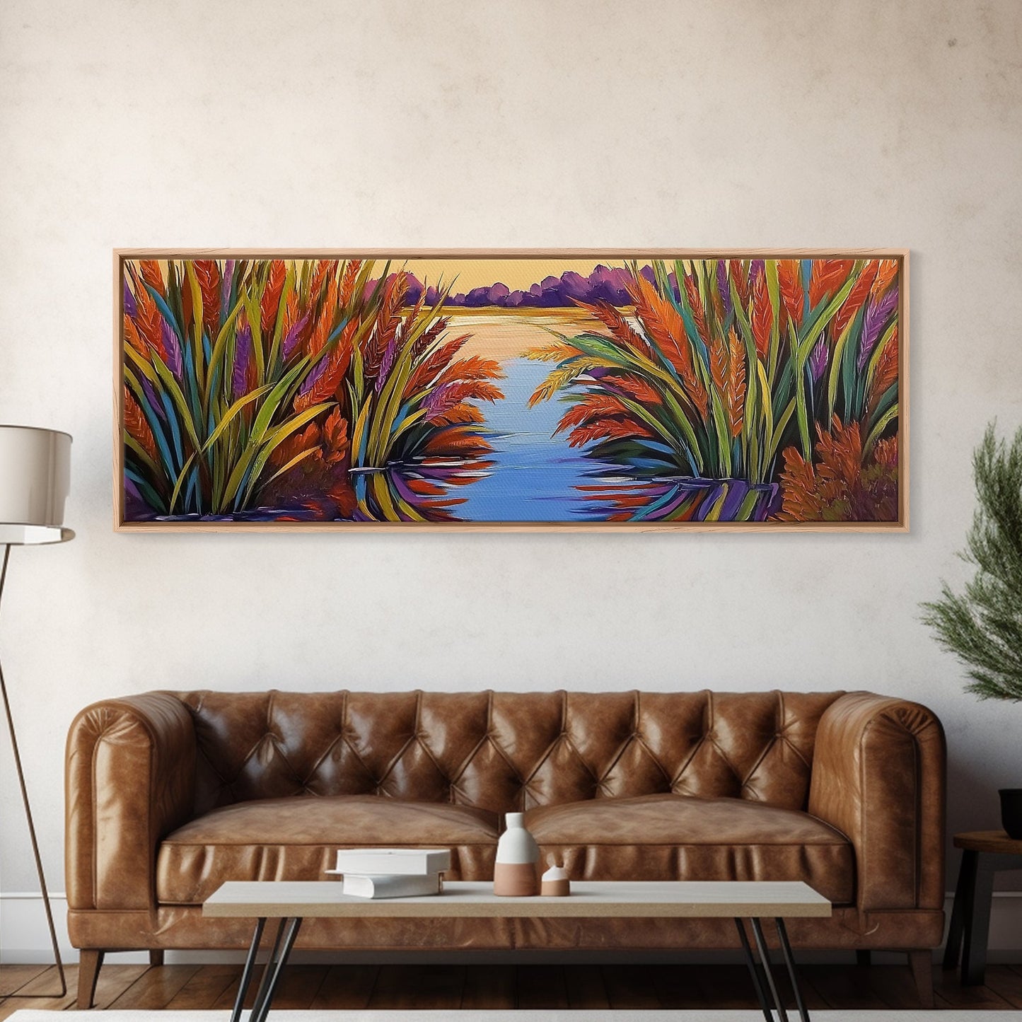 Sunset Reeds, Colorful Marsh, Reflected Peace, Framed Canvas Print, Autumn Wall Art, Living Room Decor, Vibrant Nature Landscape
