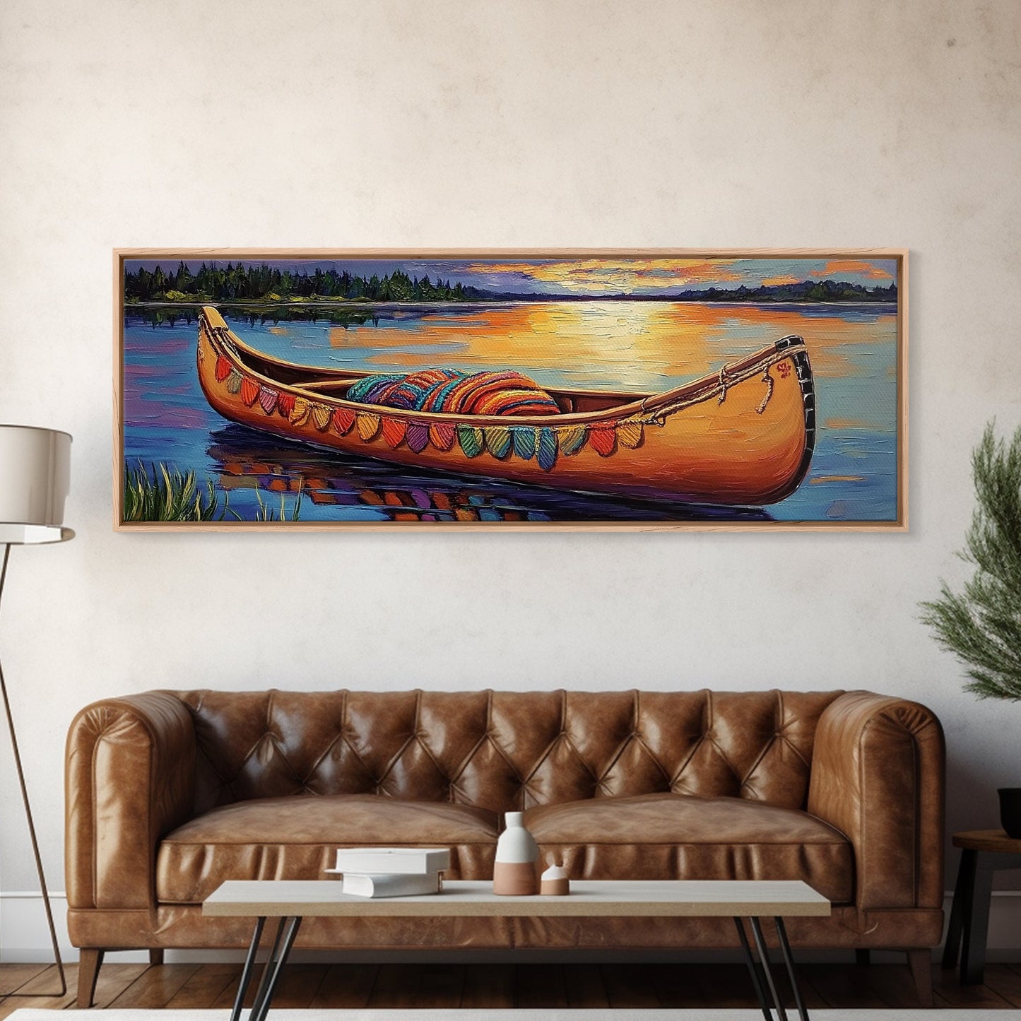 Sunset Canoe Reflection, Serene Lake Art, Cozy Lakeside Decor, Framed Canvas Print, Cabin Wall Art, Peaceful Nature Scene