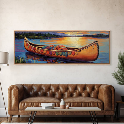 Sunset Canoe Reflection, Serene Lake Art, Cozy Lakeside Decor, Framed Canvas Print, Cabin Wall Art, Peaceful Nature Scene