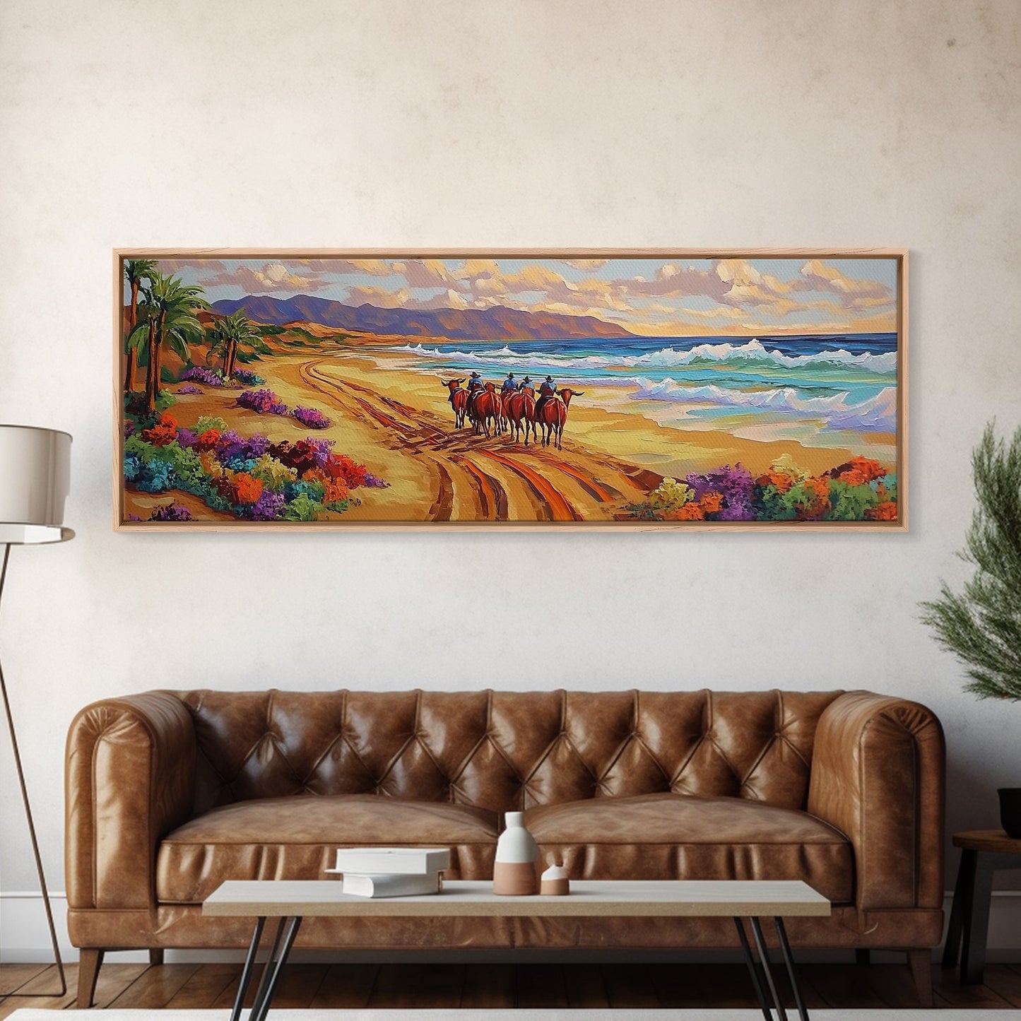 Western Beach Trail, Cowboy Horses Art, Desert Shoreline, Canvas Print, Fall Wall Decor, Rustic Western Style, Living Room Wall Art