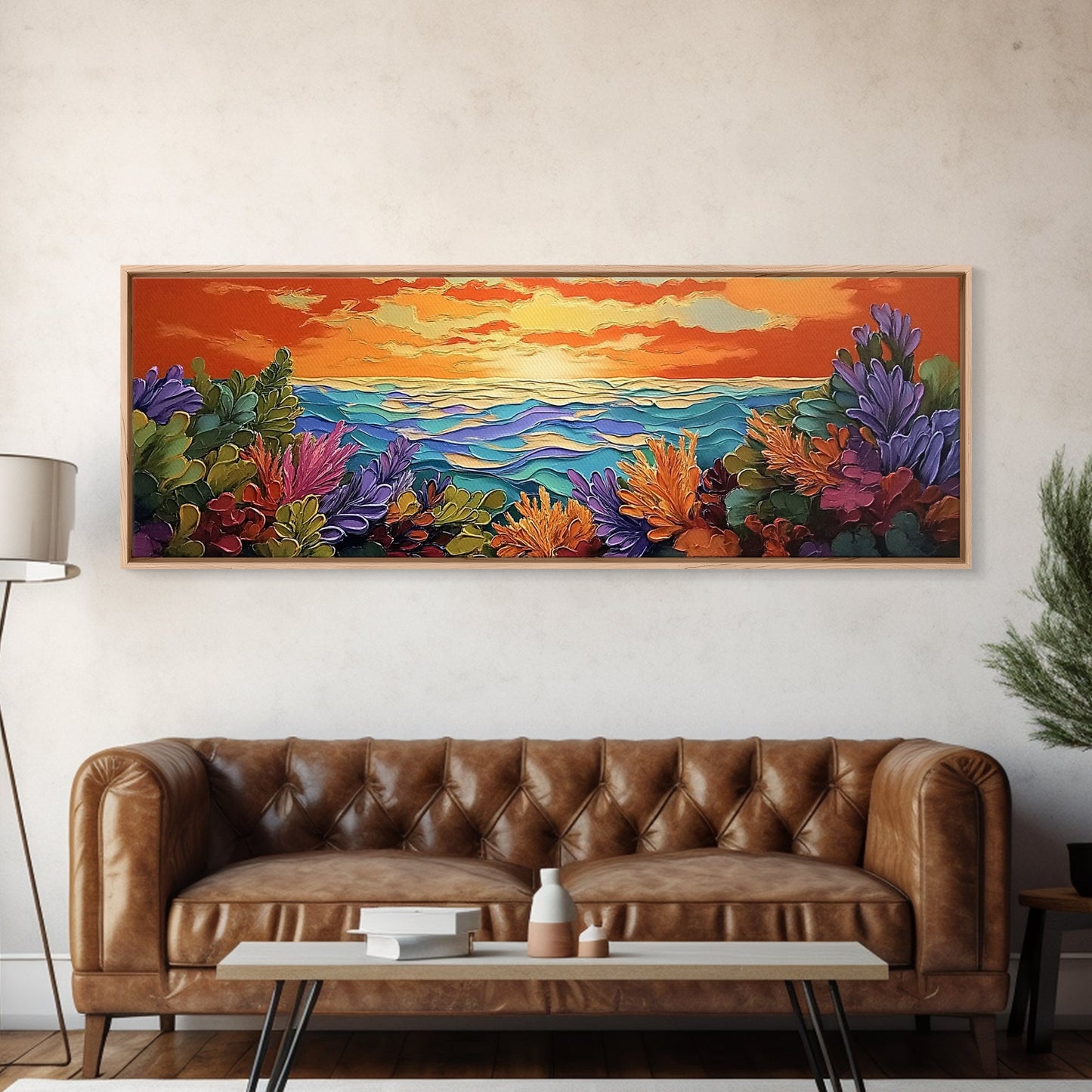 Sunset Ocean, Sea Plants, Tropical Sunset, Bold Colors, Framed Canvas Print, Bathroom Wall Art, Boho Vibes, Coastal Decor