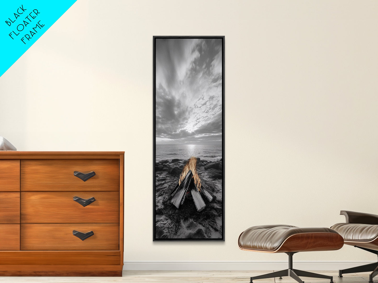 Beach Bonfire Glow, Coastal Campfire Art, Sunset Ocean Scene, Framed Canvas Print, Autumn Decor, Rustic Living Room Wall Art