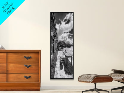 Beach Café Table, Seaside Dining, Rustic Seating, Tropical Getaway, Framed Canvas Print, Kitchen Wall Art, Coastal Rustic Aesthetic