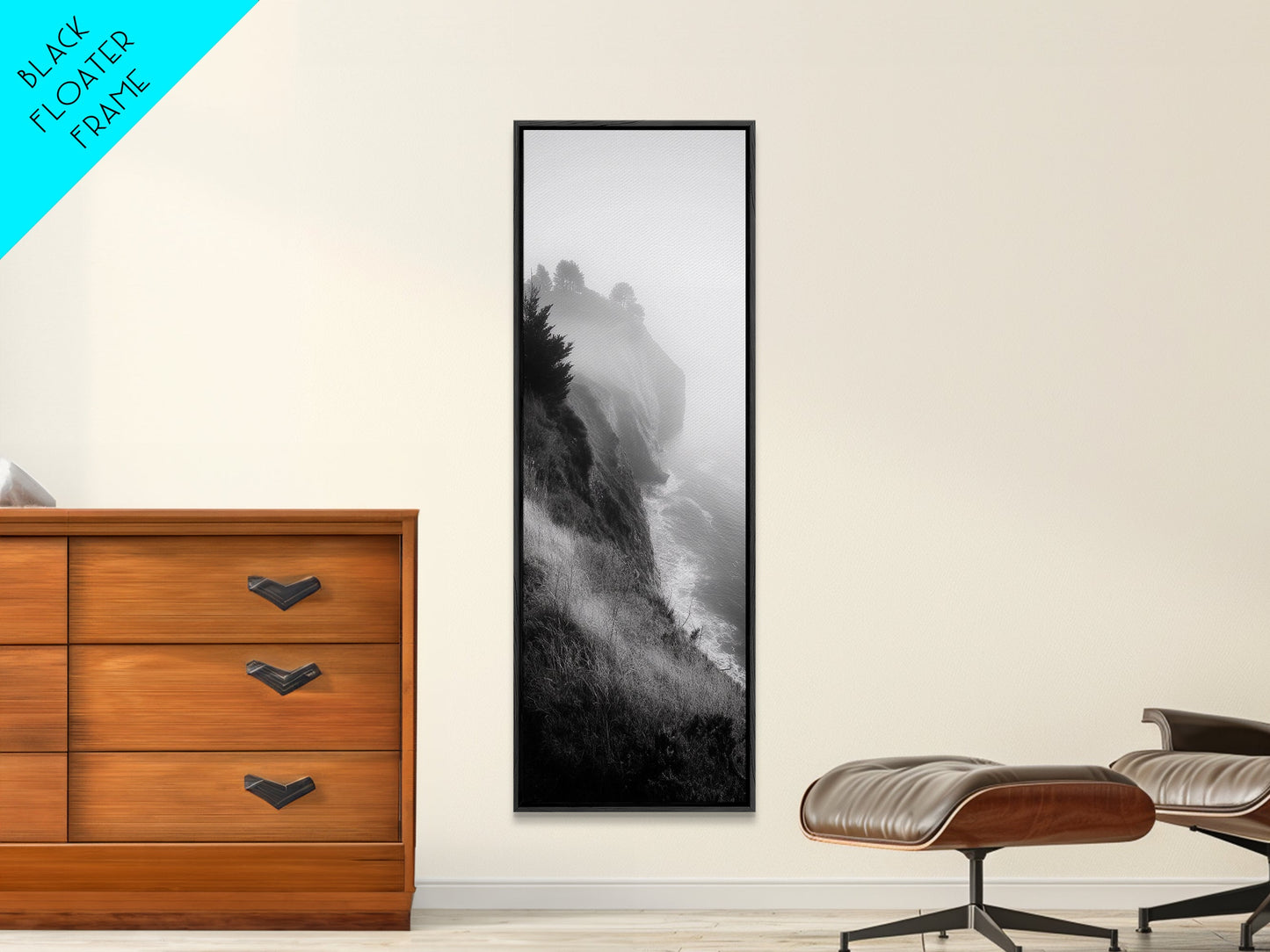 Cliffside Fog, Coastal Mist, Ocean Overlook, Framed Canvas Print, Living Room Wall Art, Monochrome Decor, Moody Landscape, Minimalist Home
