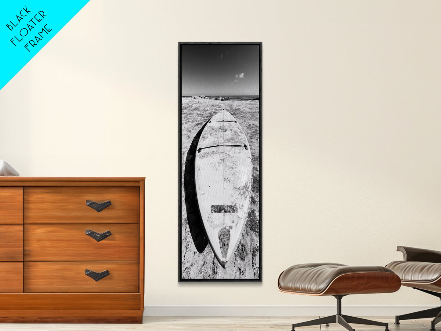 Surfboard On Shore, Beach Lifestyle Decor, Minimal Seascape, Framed Canvas Print, Nautical Bathroom Wall Art, Modern Coastal Vibe