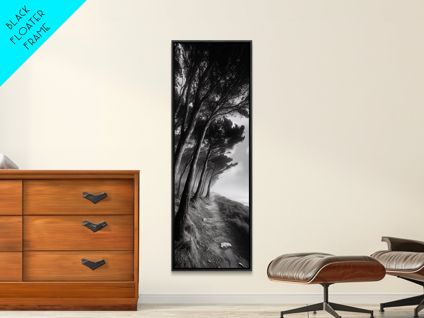 Windiger Waldweg, dunkle Küstenbäume, stimmungsvolle Natur, gerahmter Leinwanddruck, herbstliche Wanddekoration fürs Wohnzimmer, stimmungsvolle Landschaftsästhetik