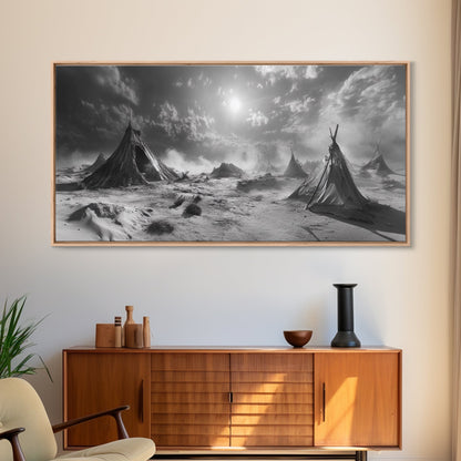 Wüstenzeltszene, surreale Stammeslandschaft, Zelte unter stürmischem Himmel, Leinwanddruck, Wandbild fürs Wohnzimmer, Boho-Nomaden-Ästhetik, Wandbild fürs Wohnzimmer