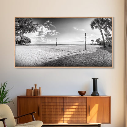 Volleyball Net, Coastal Leisure Scene, Bright Beach Vibe, Framed Canvas Print, Game Room Wall Art, Sporty Summer Beach Style