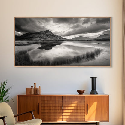Reflected Mountains, Serene Shore, Cloudy Sky, Lake View, Canvas Print, Bedroom Wall Art, Minimalist Landscape Art, Tranquil Decor