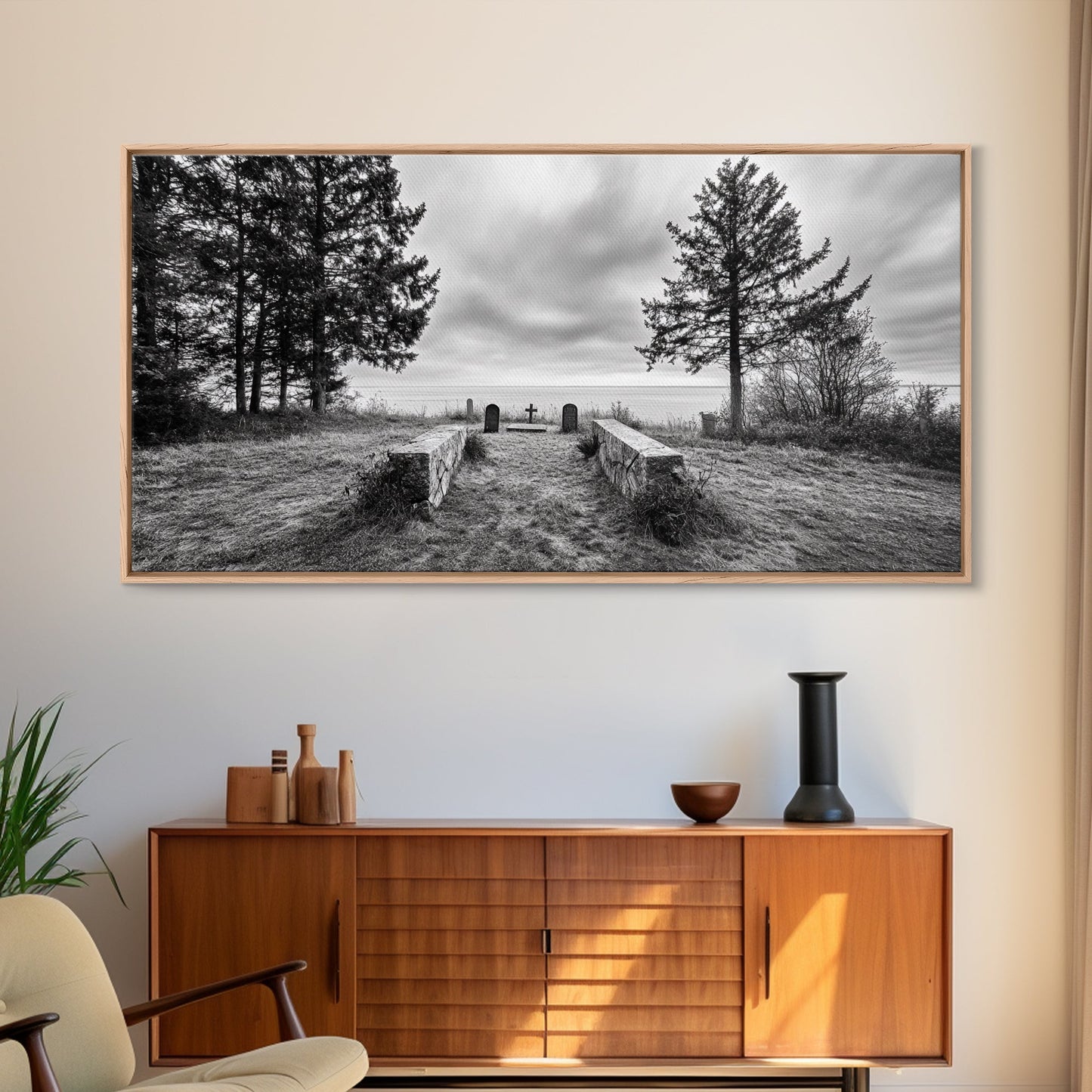 Coastal Graveyard, Moody Seascape, Quiet Reflection Scene, Framed Canvas Print, Gothic Office or Haunted Fall Wall Art Decor, Hallway Wall Art