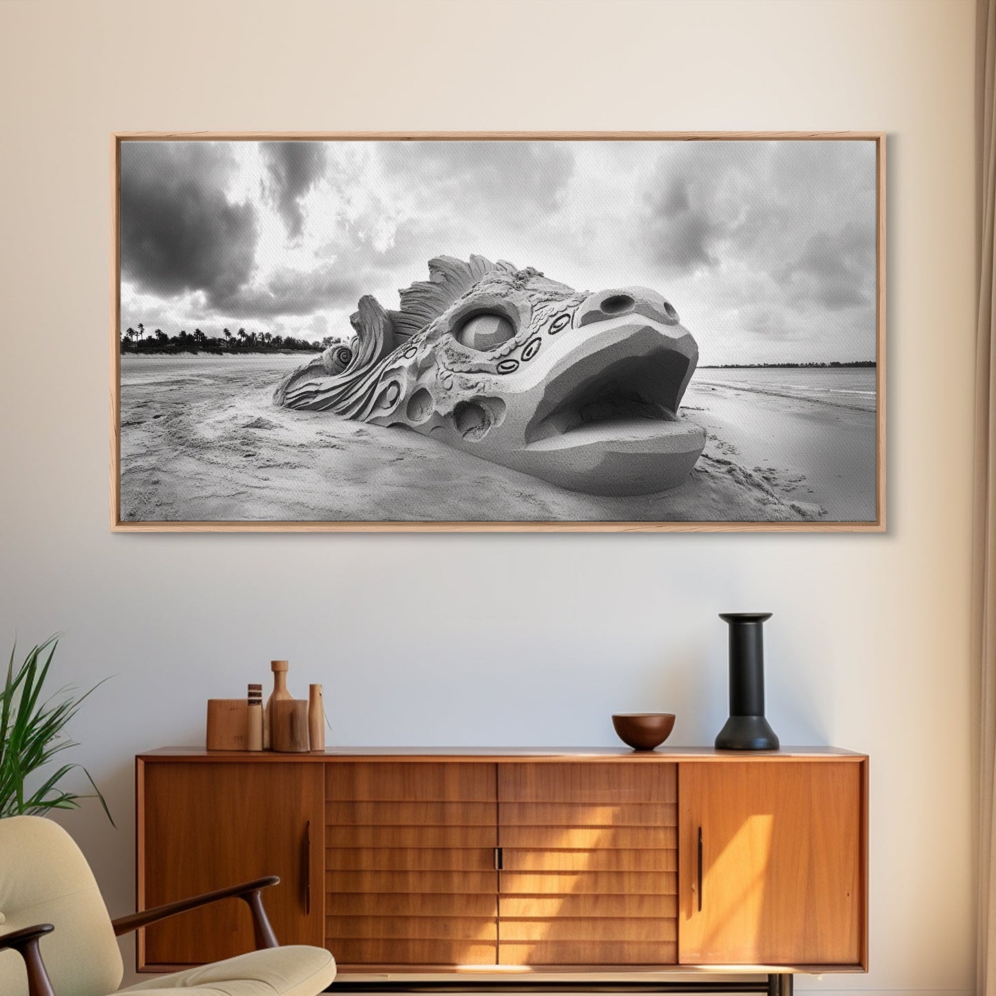 Dragon Head Sculpture, Beach Sand Art, Mythical Creature Decor, Fantasy Vibes, Framed Canvas Print, Game Room Wall Art, Office Wall Art