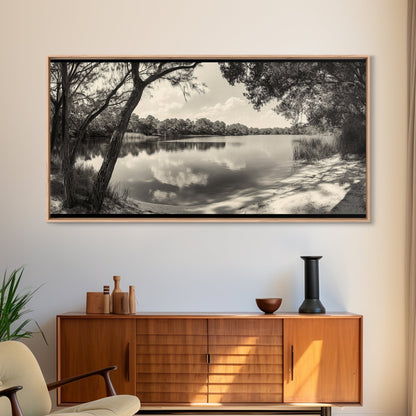 Tranquil Lake View, Peaceful Reflection Water, Nature Shoreline Print, Canvas Print, Entryway Wall Art, Rustic Neutral Decor, Rustic Bedroom Print
