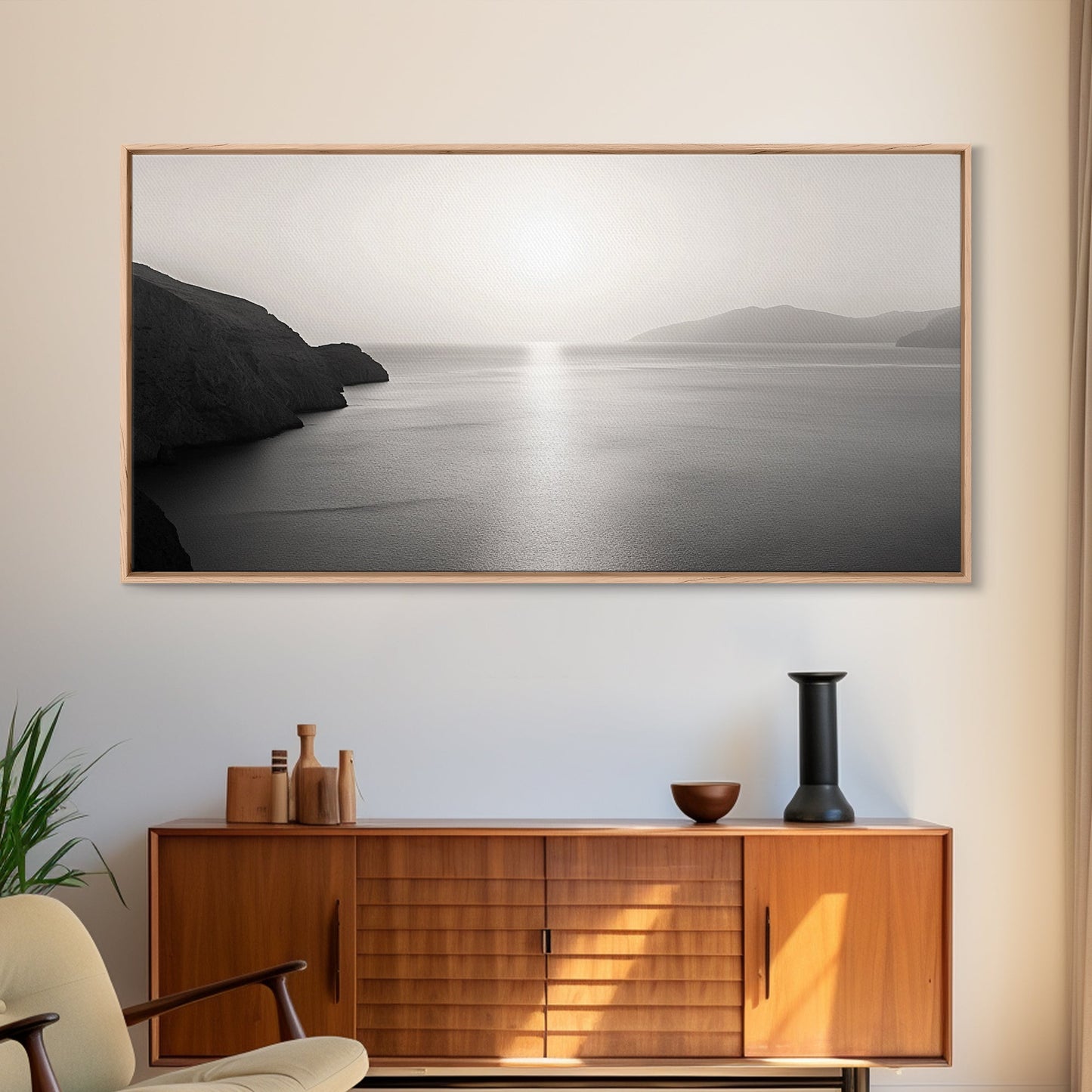 Minimalist Seascape, Tranquil Horizon, Ocean Sun Glow, Zen Wall Art, Canvas Print, Meditation Room Decor, Neutral Tones Minimal Art
