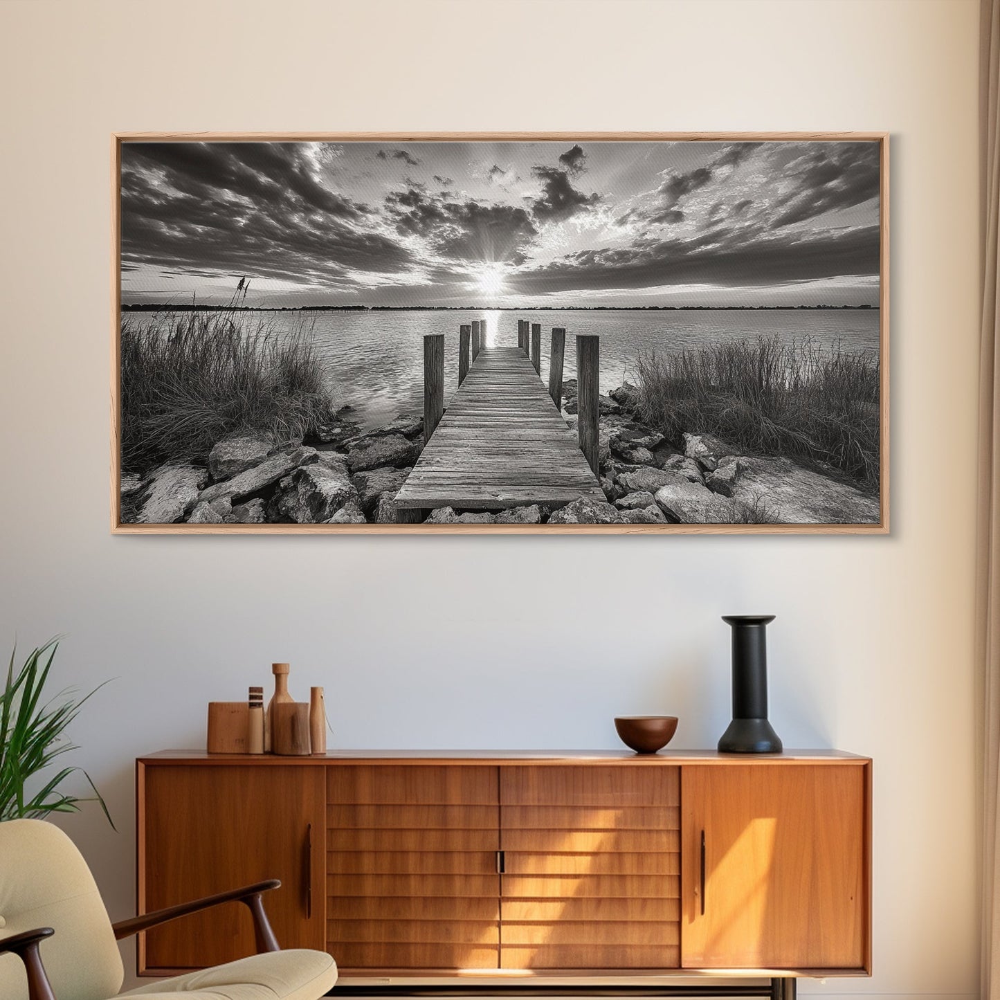 Rustic Dock Sunset, Lakehouse Art, Black White Landscape, Framed Canvas Print, Country Home Decor, Cabin Wall Art, Lakeside Tranquility