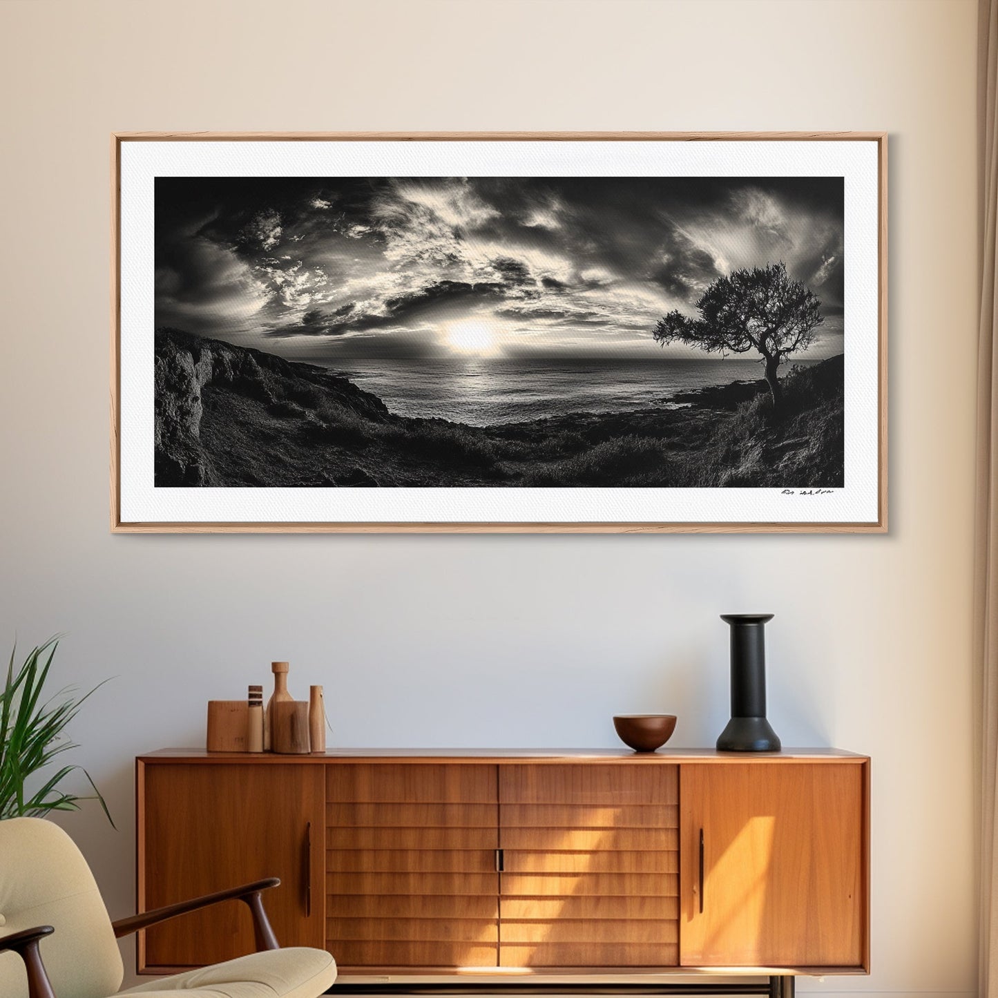 Dramatischer Sonnenuntergang über dem Meer, Küstenbaum, monochrome Landschaft, Leinwanddruck, Wandbild fürs Wohnzimmer, surreale Naturansicht, Meeresblick-Druck