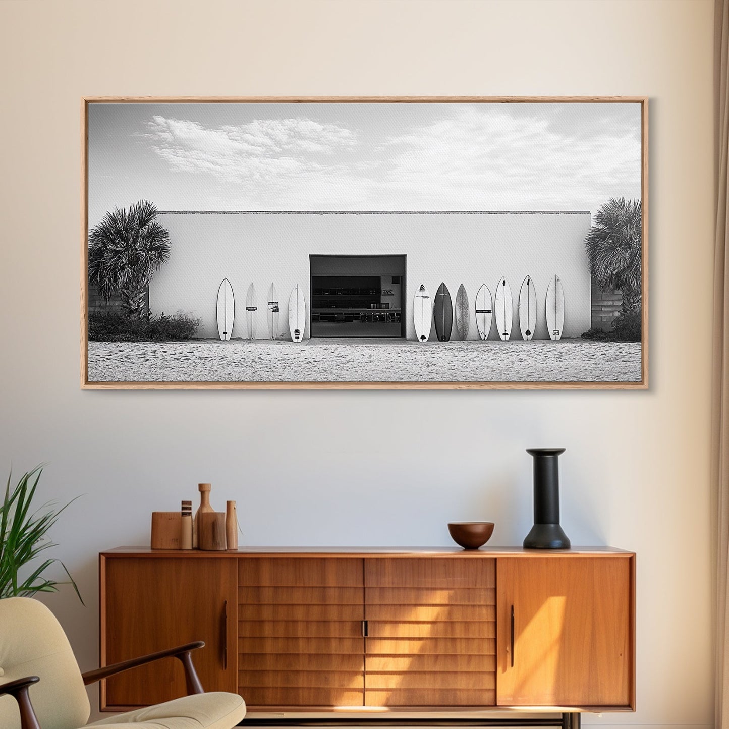 Surfboards, Beach Garage, Modern Coastal, Ocean Style, Framed Canvas Print, surf shack decor, teen room wall art, minimalist beach art