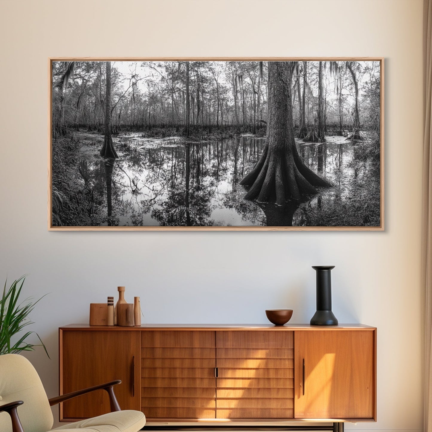 Sumpfbäume, Zypressenwasser, Naturspiegelungen, Marschlandschaft, gerahmter Leinwanddruck, rustikale Hüttendekoration, Wandbild für den Flur, Waldmotiv