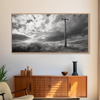 Strommast, ländliche Landschaft, stürmischer Himmel, ländliche Ruhe, gerahmter Leinwanddruck, Wandbild für den Eingangsbereich eines Bauernhauses, rustikaler Schwarz-Weiß-Druck