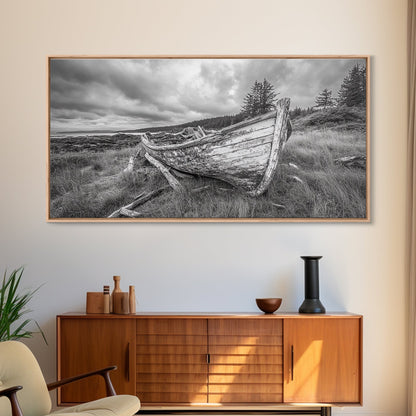 Abandoned Boat, Weathered Vessel, Coastal Forest, Framed Canvas Print, Farmhouse Wall Art, Rustic Cabin Decor, Autumn Vibe, Living Room Art
